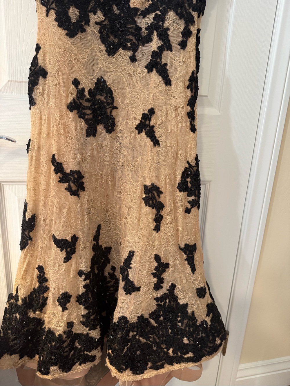 Sherri Hill StraplessBlack Appliqué Nude Evening Gown - Picture 5 of 8